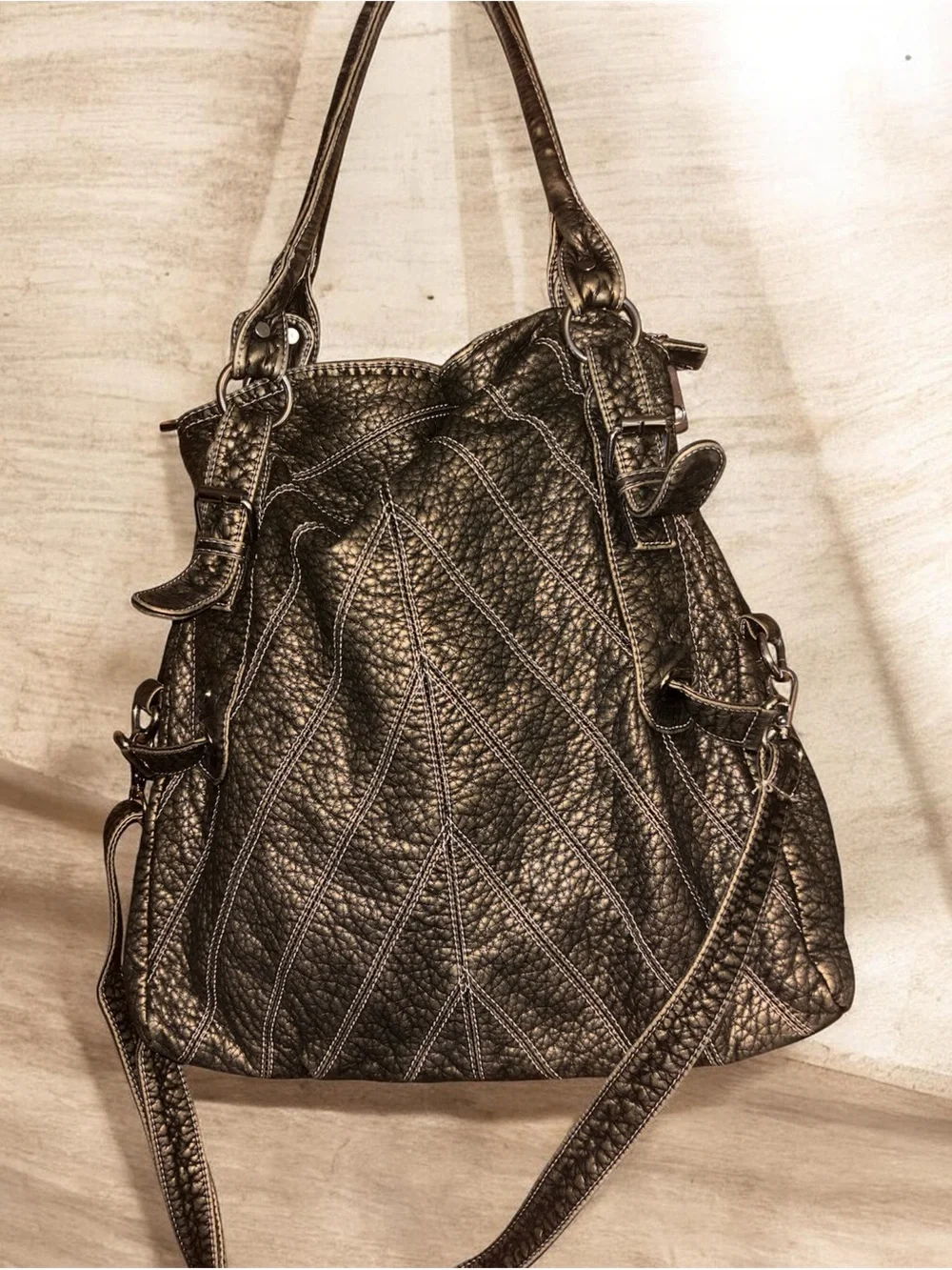Textured Faux Leather Hobo Bag with Dual Straps